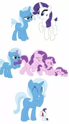 Size: 720x1280 | Tagged: safe, artist:kittythenerd, banned from derpibooru, deleted from derpibooru, derpibooru import, rarity, trixie, pony, unicorn, age regression, baby, baby pony, comic, crying, diaper, eyes closed, female, filly, glowing horn, horn, laughing, mare, open mouth, raised hoof, simple background, underhoof, white background