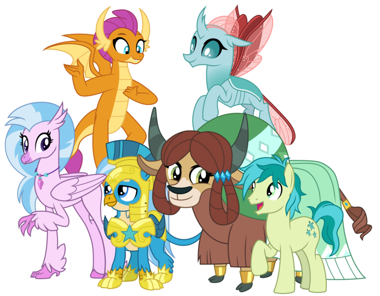 Size: 13500x10500 | Tagged: safe, artist:emeraldblast63, banned from derpibooru, deleted from derpibooru, derpibooru import, gallus, ocellus, sandbar, silverstream, smolder, yona, changedling, changeling, classical hippogriff, dragon, earth pony, gryphon, hippogriff, pony, yak, friendship is magic, the last problem, adult, dragoness, female, group, male, my little pony, older, older gallus, older ocellus, older sandbar, older silverstream, older smolder, older student six, older yona, quadrupedal, royal guard, royal guard gallus, simple background, stallion, student six, transparent background, vector