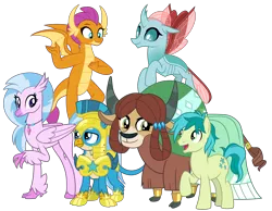 Size: 13500x10500 | Tagged: safe, artist:emeraldblast63, banned from derpibooru, deleted from derpibooru, derpibooru import, gallus, ocellus, sandbar, silverstream, smolder, yona, changedling, changeling, classical hippogriff, dragon, earth pony, gryphon, hippogriff, pony, yak, friendship is magic, the last problem, adult, dragoness, female, group, male, my little pony, older, older gallus, older ocellus, older sandbar, older silverstream, older smolder, older student six, older yona, quadrupedal, royal guard, royal guard gallus, simple background, stallion, student six, transparent background, vector