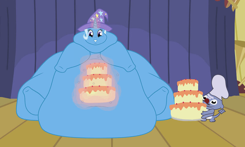 Size: 1500x900 | Tagged: questionable, derpibooru import, trixie, pony, unicorn, belly, big belly, bingo wings, butt, cake, chubby cheeks, colored, double chin, fat, food, huge belly, huge butt, image, immobile, impossibly large belly, impossibly large butt, impossibly obese, jpeg, large butt, levitation, magic, morbidly obese, neck roll, obese, solo, telekinesis, the great and bountiful trixie, this will not end well