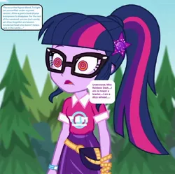Size: 780x777 | Tagged: safe, banned from derpibooru, deleted from derpibooru, derpibooru import, edit, edited screencap, editor:thomasfan45, screencap, sci-twi, twilight sparkle, human, equestria girls, equestria girls series, sunset's backstage pass!, spoiler:eqg series (season 2), airhead, blank expression, brain drain, brainwashing, clothes, cute, description is relevant, fanny pack, female, geode of telekinesis, glasses, hypno-wand, hypnosis, hypnotized, implied rainbow dash, intelligence drop, magical geodes, mind control, music festival outfit, offscreen character, offscreen object, ponytail, shirt, skirt, solo, speech bubble, spiral, starswirl music festival, story included, swirly eyes, tree, wristband