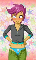 Size: 1280x2107 | Tagged: suggestive, artist:uotapo, banned from derpibooru, deleted from derpibooru, derpibooru import, scootaloo, equestria girls, equestria girls series, belly button, blushing, breasts, clothes, cropped, delicious flat chest, older, older scootaloo, panties, pants, pants down, rainbow dash underwear, small breasts, solo, stupid sexy scootaloo, underwear