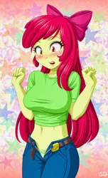 Size: 1280x2107 | Tagged: suggestive, artist:uotapo, banned from derpibooru, deleted from derpibooru, derpibooru import, apple bloom, equestria girls, equestria girls series, growing up is hard to do, belly, belly button, big breasts, blushing, breasts, busty apple bloom, clothes, image, jpeg, looking down, older, older apple bloom, panites, pants, solo, stupid sexy apple bloom, underwear, unzipped pants