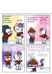 Size: 1280x1816 | Tagged: safe, artist:freakinbambam, banned from derpibooru, deleted from derpibooru, derpibooru import, oc, pony, unicorn, animal crossing, bipedal, clothes, colt, comic, crossover, dialogue, female, german, male, sad, white eyes