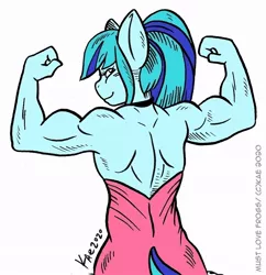Size: 922x954 | Tagged: safe, artist:kaemantis, banned from derpibooru, deleted from derpibooru, derpibooru import, edit, part of a set, sonata dusk, anthro, back muscles, biceps, buff, clothes, commission, dress, female, flexing, looking back, muscles, muscular female, smiling, solo, swolenata dusk