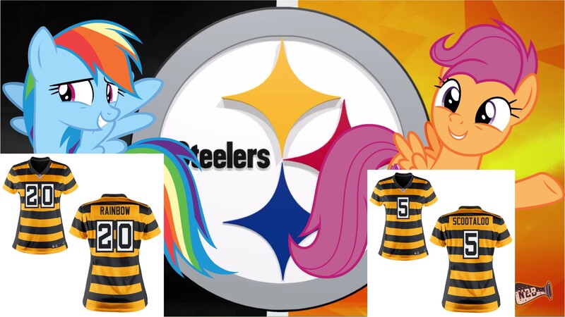 Size: 2289x1288 | Tagged: safe, banned from derpibooru, deleted from derpibooru, derpibooru import, rainbow dash, scootaloo, pegasus, american football, clothes, jersey, nfl, pittsburgh steelers, sports