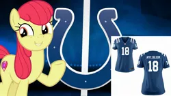 Size: 2289x1288 | Tagged: safe, artist:timeymarey007, banned from derpibooru, deleted from derpibooru, derpibooru import, editor:slayerbvc, apple bloom, earth pony, american football, clothes, indianapolis colts, jersey, nfl, sports