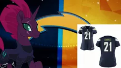 Size: 2289x1288 | Tagged: safe, artist:dashiesparkle, banned from derpibooru, deleted from derpibooru, derpibooru import, fizzlepop berrytwist, tempest shadow, unicorn, american football, clothes, jersey, los angeles chargers, nfl, sports