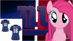 Size: 2289x1288 | Tagged: safe, artist:mrkat7214, banned from derpibooru, deleted from derpibooru, derpibooru import, pinkie pie, earth pony, american football, clothes, jersey, new york giants, nfl, sports