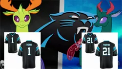 Size: 2289x1288 | Tagged: safe, banned from derpibooru, deleted from derpibooru, derpibooru import, pharynx, thorax, changedling, changeling, american football, carolina panthers, clothes, jersey, king thorax, nfl, prince pharynx, sports