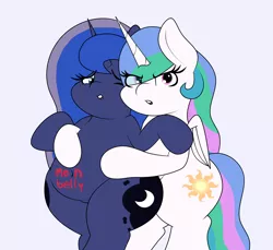 Size: 4200x3840 | Tagged: suggestive, artist:airsicksubset, banned from derpibooru, deleted from derpibooru, derpibooru import, princess celestia, princess luna, alicorn, pony, belly, belly button, body writing, chubby, chubbylestia, cute, fat, female, incest, lesbian, looking at you, one eye closed, princess moonpig, princest, royal sisters, shipping, simple background