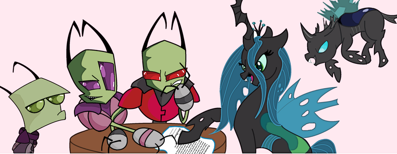 Size: 1024x398 | Tagged: safe, artist:splinterstar, banned from derpibooru, deleted from derpibooru, derpibooru import, queen chrysalis, changeling, crossover, invader zim, the tallest