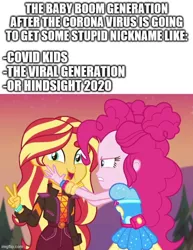 Size: 500x646 | Tagged: safe, banned from derpibooru, deleted from derpibooru, derpibooru import, screencap, pinkie pie, sunset shimmer, human, equestria girls, equestria girls series, sunset's backstage pass!, spoiler:eqg series (season 2), caption, covid-19, image macro, text