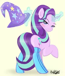 Size: 690x801 | Tagged: suggestive, artist:rainbowfoxxy, banned from derpibooru, deleted from derpibooru, derpibooru import, starlight glimmer, pony, unicorn, blushing, butt, clothes, female, glowing horn, hat, horn, lidded eyes, looking back, mare, plot, smiling, socks, solo, trixie's hat