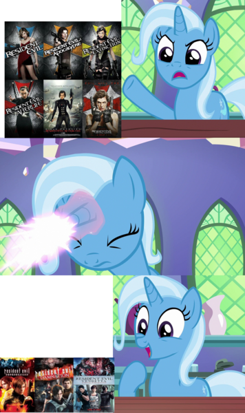 Size: 640x1080 | Tagged: safe, artist:mega-poneo, banned from derpibooru, deleted from derpibooru, derpibooru import, edit, edited screencap, screencap, trixie, all bottled up, exploitable meme, magic, meme, movie, resident evil, trixie fixing meme