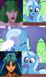 Size: 640x1080 | Tagged: safe, banned from derpibooru, deleted from derpibooru, derpibooru import, edit, edited screencap, screencap, trixie, all bottled up, darkstalkers, exploitable meme, magic, meme, morrigan aensland, trixie fixing meme