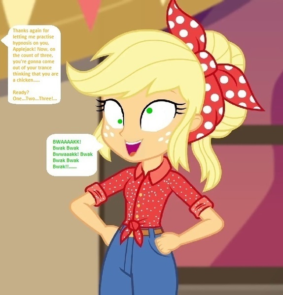 Size: 639x668 | Tagged: safe, banned from derpibooru, deleted from derpibooru, derpibooru import, edit, edited screencap, editor:thomasfan45, screencap, applejack, human, do it for the ponygram!, equestria girls, equestria girls series, spoiler:eqg series (season 2), 1000 hours in ms paint, bandana, barn, behaving like a chicken, belt, clothes, clucking, cute, derp, description is relevant, female, freckles, hypno eyes, hypnosis, hypnotized, implied apple bloom, indoors, jeans, mental shift, offscreen character, open mouth, pants, polka dots, shirt, solo, speech bubble, story included