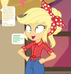 Size: 639x668 | Tagged: safe, banned from derpibooru, deleted from derpibooru, derpibooru import, edit, edited screencap, editor:thomasfan45, screencap, applejack, human, do it for the ponygram!, equestria girls, equestria girls series, spoiler:eqg series (season 2), 1000 hours in ms paint, bandana, barn, behaving like a chicken, belt, clothes, clucking, cute, derp, description is relevant, female, freckles, hypno eyes, hypnosis, hypnotized, implied apple bloom, indoors, jeans, mental shift, offscreen character, open mouth, pants, polka dots, shirt, solo, speech bubble, story included