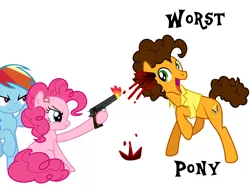 Size: 2048x1536 | Tagged: semi-grimdark, artist:luckreza8, banned from derpibooru, deleted from derpibooru, derpibooru import, edit, cheese sandwich, pinkie pie, rainbow dash, abuse, angry, anti-shipping, background pony strikes again, blood, cheesabuse, cross-popping veins, downvote bait, female, gun, handgun, heterophobia, lesbian, out of character, pinkiedash, pistol, shipping, shipping denied, shooting, simple background, text, weapon, white background, worst pony
