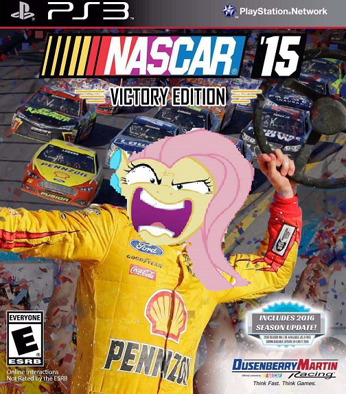 Size: 504x574 | Tagged: safe, banned from derpibooru, deleted from derpibooru, derpibooru import, fluttershy, fake, flutterrage, game, nascar, nascar 15, panezoil, pennzoil, playstation, playstation 3, rage, shell, solo, video game, you're going to love me