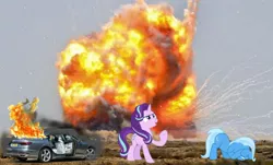 Size: 1280x775 | Tagged: safe, artist:s-class-destroyer, banned from derpibooru, deleted from derpibooru, derpibooru import, starlight glimmer, trixie, pony, 1000 years in photoshop, audi, audi a8, car, desert, escape, evil grin, explosion, fire, grin, irl, photo, ponies in real life, smiling, this will end in communism, this will end in revolution