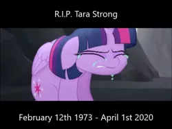 Size: 796x597 | Tagged: safe, banned from derpibooru, deleted from derpibooru, derpibooru import, twilight sparkle, twilight sparkle (alicorn), alicorn, pony, my little pony: the movie, april fools, april fools joke, crying, death, dude not funny, fake, faker than a three dollar bill, female, hoax, hurtful prank, joke, mare, op, prank, rest in peace, solo, tara strong, text