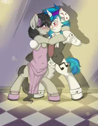 Size: 703x900 | Tagged: safe, banned from derpibooru, deleted from derpibooru, derpibooru import, octavia melody, vinyl scratch, bipedal, blushing, clothes, dancing, dress, female, lesbian, scratchtavia, shipping, tuxedo