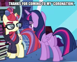 Size: 619x500 | Tagged: safe, banned from derpibooru, deleted from derpibooru, derpibooru import, edit, edited screencap, screencap, moondancer, twilight sparkle, twilight sparkle (alicorn), alicorn, unicorn, amending fences, book, bookshelf, caption, coronation, cropped, duo, female, image macro, library, mare, sarcasm, spider web, text, twilight's canterlot home, window