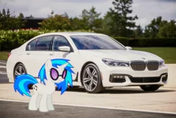 Size: 1280x854 | Tagged: safe, artist:s-class-destroyer, banned from derpibooru, deleted from derpibooru, derpibooru import, edit, vinyl scratch, pony, unicorn, bmw, bmw 7-series, car, female, irl, mare, obligatory pony, photo, ponies in real life, solo