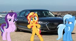 Size: 845x460 | Tagged: safe, artist:s-class-destroyer, banned from derpibooru, deleted from derpibooru, derpibooru import, edit, starlight glimmer, sunset shimmer, trixie, pony, unicorn, audi, audi a8, bipedal, car, counterparts, female, irl, mare, obligatory pony, photo, ponies in real life, trio, twilight's counterparts, vector