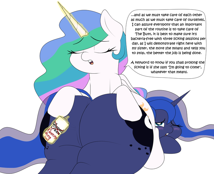 Size: 4600x3744 | Tagged: questionable, artist:airsicksubset, banned from derpibooru, deleted from derpibooru, derpibooru import, princess celestia, princess luna, alicorn, pony, ass worship, blushing, butt, chubby, dialogue, eyes closed, female, females only, food, grope, imminent rape, imminent sex, implied sex, incest, large butt, lesbian, magic, moonbutt, one eye closed, princess moonpig, princest, royal sisters, shipping, siblings, simple background, sisters, text, the ass was fat, thick, thighs, whipped cream