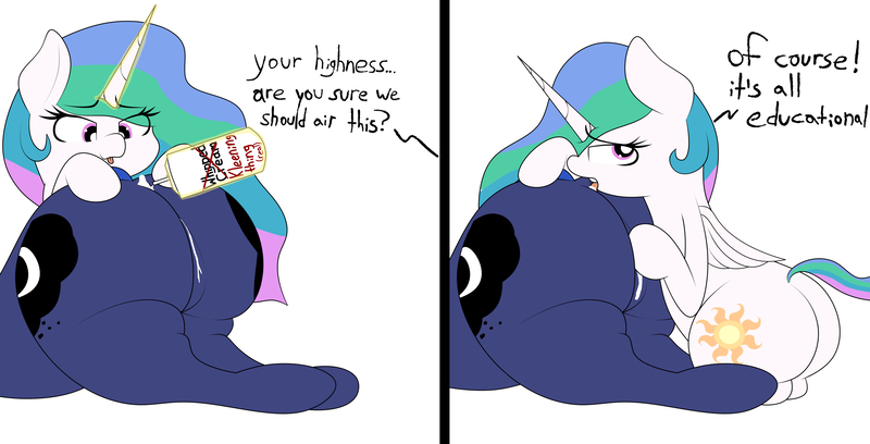 Size: 4780x2440 | Tagged: questionable, artist:airsicksubset, banned from derpibooru, deleted from derpibooru, derpibooru import, princess celestia, princess luna, alicorn, pony, 2 panel comic, analingus, analingus on female, butt, comic, dialogue, disproportional anatomy, featureless crotch, female, females only, food, foodplay, grope, huge butt, incest, large butt, lesbian, licking, magic, mare, moonbutt, offscreen character, oral, plot, princest, royal sisters, sex, shipping, simple background, text, the ass was fat, thick, tongue out, whipped cream, white background
