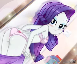 Size: 3745x3119 | Tagged: source needed, suggestive, artist:charliexe, banned from derpibooru, deleted from derpibooru, derpibooru import, rarity, equestria girls, ass, bedroom eyes, blushing, bra, butt, clothes, female, panties, pink underwear, rearity, ribbon, seductive, seductive look, sexy, solo, solo female, stupid sexy rarity, underwear