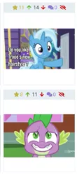 Size: 239x542 | Tagged: safe, banned from derpibooru, deleted from derpibooru, derpibooru import, screencap, spike, trixie, derpibooru, cakes for the memories, road to friendship, spoiler:cakes for the memories, female, hairstyle, juxtaposition, male, meta, shipping, smiling, spixie, straight