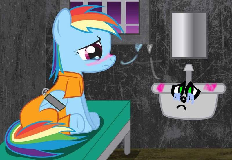 Size: 1649x1136 | Tagged: safe, artist:spellboundcanvas, banned from derpibooru, deleted from derpibooru, derpibooru import, rainbow dash, bed, blushing, cargo ship, clothes, crying, cute, heart, inanimate object, jail, kitchen sink, prison, prisoner rd, prison outfit, rainbowsink, shipping, sink, stolen art