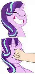 Size: 798x1682 | Tagged: semi-grimdark, banned from derpibooru, deleted from derpibooru, derpibooru import, edit, starlight glimmer, human, pony, unicorn, memnagerie, spoiler:memnagerie, abuse, downvote bait, female, glimmerbuse, mare, offscreen character, punch, simple background, white background