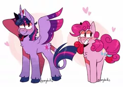 Size: 1175x831 | Tagged: safe, artist:ponydoodles, banned from derpibooru, deleted from derpibooru, derpibooru import, pinkie pie, twilight sparkle, twilight sparkle (alicorn), alicorn, earth pony, pony, cheek fluff, chest fluff, cloven hooves, colored wings, cute, duo, female, heart, leonine tail, mare, multicolored wings, redesign, smiling, spread wings, unshorn fetlocks, wings