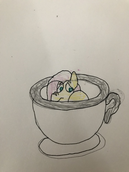 Size: 3024x4032 | Tagged: safe, artist:whistle blossom, banned from derpibooru, deleted from derpibooru, derpibooru import, part of a set, fluttershy, pony, adorascotch, butterscotch, cup, cup of pony, cute, frown, looking at you, micro, open mouth, rule 63, rule63betes, shy, simple background, solo, teacup, traditional art, whistle blossom is trying to murder us, whistle blossom's teacup ponies, white background
