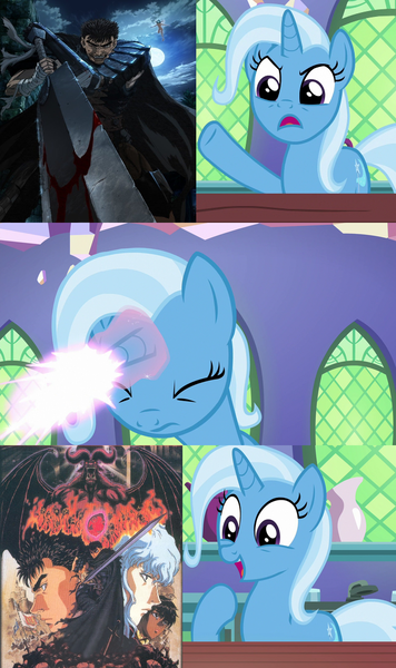 Size: 640x1080 | Tagged: safe, artist:wildgirl2000, banned from derpibooru, deleted from derpibooru, derpibooru import, edit, edited screencap, screencap, trixie, pony, unicorn, all bottled up, anime, berserk, female, magic, mare, meme