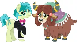 Size: 1500x828 | Tagged: safe, artist:cloudyglow, banned from derpibooru, deleted from derpibooru, derpibooru import, edit, sandbar, yona, earth pony, pony, yak, season 9, spoiler:s09, beautiful, bowtie, clothes, cloven hooves, cutie mark, female, formal wear, handsome, jewelry, looking at you, male, monkey swings, necklace, quadrupedal, shipping, simple background, stallion, straight, suit, vector, white background, yonabar