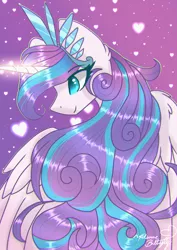 Size: 1240x1754 | Tagged: safe, artist:tresmariasarts, banned from derpibooru, deleted from derpibooru, derpibooru import, princess flurry heart, alicorn, pony, crown, draw this in your style, dtiys, female, from behind, glowing horn, heart, horn, jewelry, mare, older, older flurry heart, regalia, signature, smiling, solo