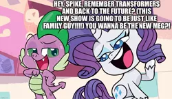 Size: 1218x705 | Tagged: safe, banned from derpibooru, deleted from derpibooru, derpibooru import, edit, edited screencap, screencap, rarity, spike, dragon, pony, unicorn, my little pony: pony life, back to the future, caption, family guy, image macro, implied spikeabuse, meg griffin, pop culture, text, transformers