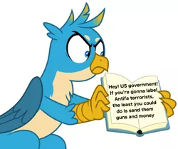 Size: 3803x3172 | Tagged: safe, banned from derpibooru, deleted from derpibooru, derpibooru import, gallus, gryphon, antifa, funny, gallus' book, gallus is not amused, male, mouthpiece, op has a point, politics, solo, unamused