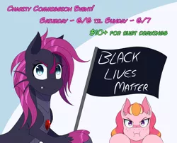 Size: 1280x1034 | Tagged: safe, artist:jase1505, banned from derpibooru, deleted from derpibooru, derpibooru import, oc, oc:below depth, oc:honeycrisp blossom, earth pony, siren, black lives matter, charity, commissions open, female, filly, flag, looking at you, offspring, parent:big macintosh, parent:princess cadance, parents:cadmac, politics