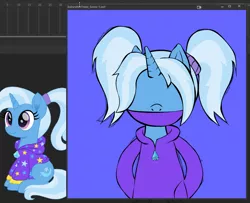 Size: 956x776 | Tagged: safe, artist:buttercupsaiyan, artist:cloudyglow, banned from derpibooru, deleted from derpibooru, derpibooru import, edit, trixie, pony, unicorn, alternate hairstyle, babysitter trixie, clothes, female, hoodie, mare, sitting, solo, wip