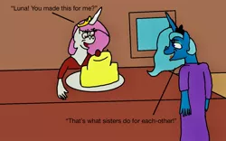 Size: 1280x800 | Tagged: safe, artist:whistle blossom, banned from derpibooru, deleted from derpibooru, derpibooru import, princess celestia, princess luna, anthro, autodesk sketchbook, cake, clothes, crown, cute, cutelestia, dessert, dialogue, digital art, dress, duo, female, food, image, jewelry, jpeg, lunabetes, open mouth, pink-mane celestia, regalia, smiling, wallpaper, wingless, wingless anthro