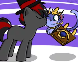 Size: 1000x800 | Tagged: safe, artist:pokefound, banned from derpibooru, deleted from derpibooru, derpibooru import, oc, cat, earth pony, book, earth pony oc, eyes closed, hat, kissing, league of legends, simple background, yuumi