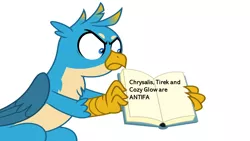 Size: 1280x720 | Tagged: safe, banned from derpibooru, deleted from derpibooru, derpibooru import, edit, gallus, gryphon, antifa, book, exploitable meme, gallus' book, gallus is not amused, implied cozy glow, implied queen chrysalis, implied tirek, male, meme, mouthpiece, op is wrong, out of character, politics, simple background, solo, text, unamused, white background
