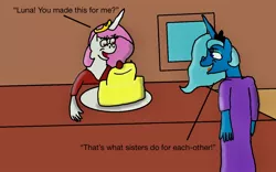 Size: 1280x800 | Tagged: safe, artist:whistle blossom, banned from derpibooru, deleted from derpibooru, derpibooru import, princess celestia, princess luna, anthro, autodesk sketchbook, cake, crown, cute, cutelestia, dessert, dialogue, digital art, duo, female, food, image, jewelry, jpeg, lunabetes, open mouth, pink-mane celestia, regalia, siblings, sisters, smiling, wingless, wingless anthro