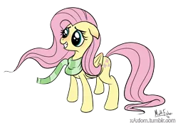 Size: 1000x703 | Tagged: safe, artist:xaxiom1, banned from derpibooru, deleted from derpibooru, derpibooru import, fluttershy, clothes, scarf, smiling, solo